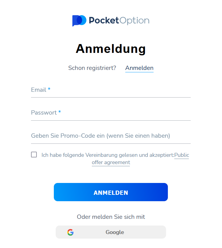 Registriere dich bei Pocket Option mit Google oder Facebook.